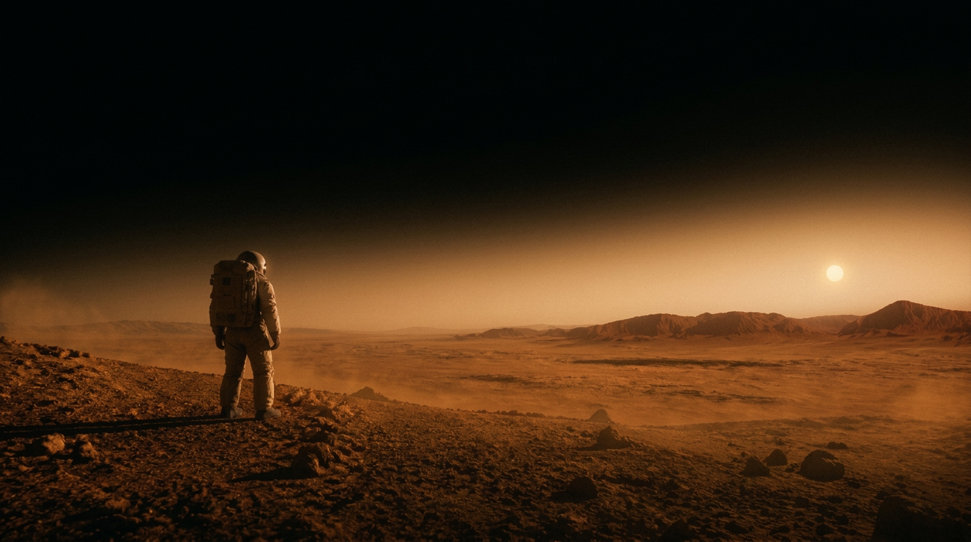 Astronaut on a Mars-like horizon at sunrise