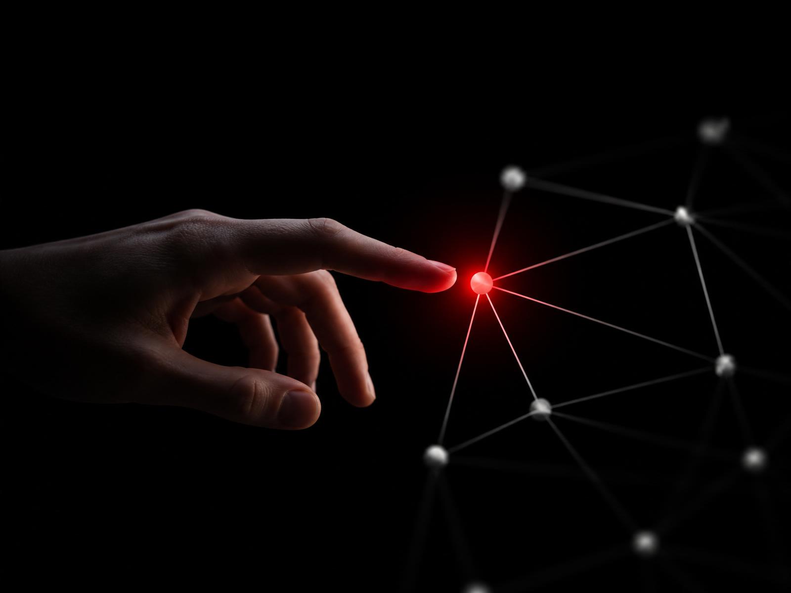 A human hand reaching toward a red node in a connected network